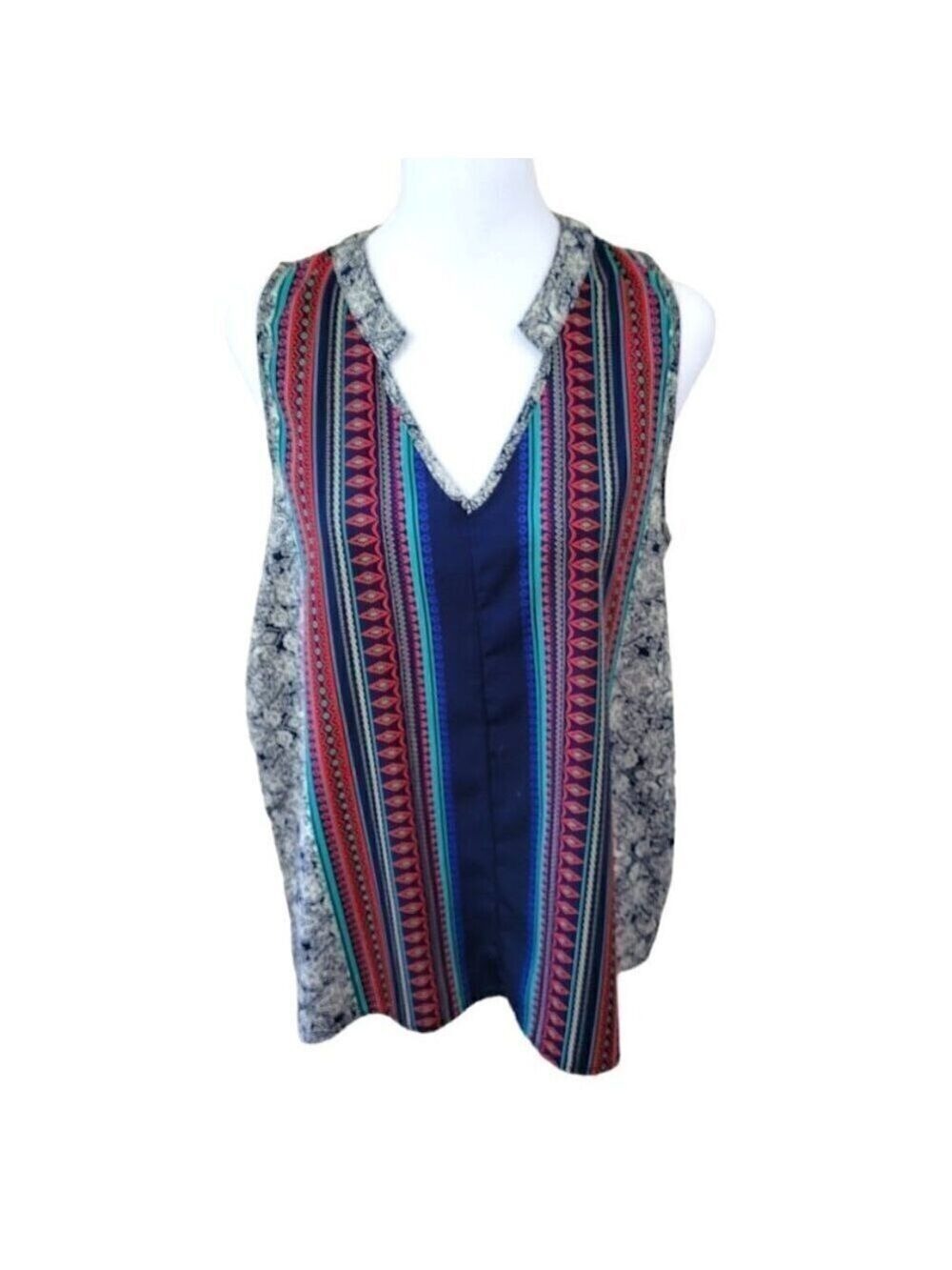 Renee C Blouse Vibrant Geometric Print Multicolor Sleeveless Boho Top Size L